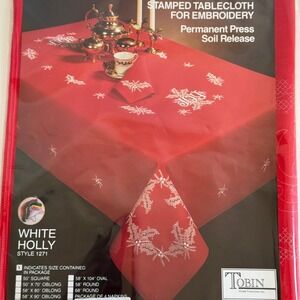 Tobin White Holly Stamped Embroidery Tablecloth Runner Kit 15x44 Christmas